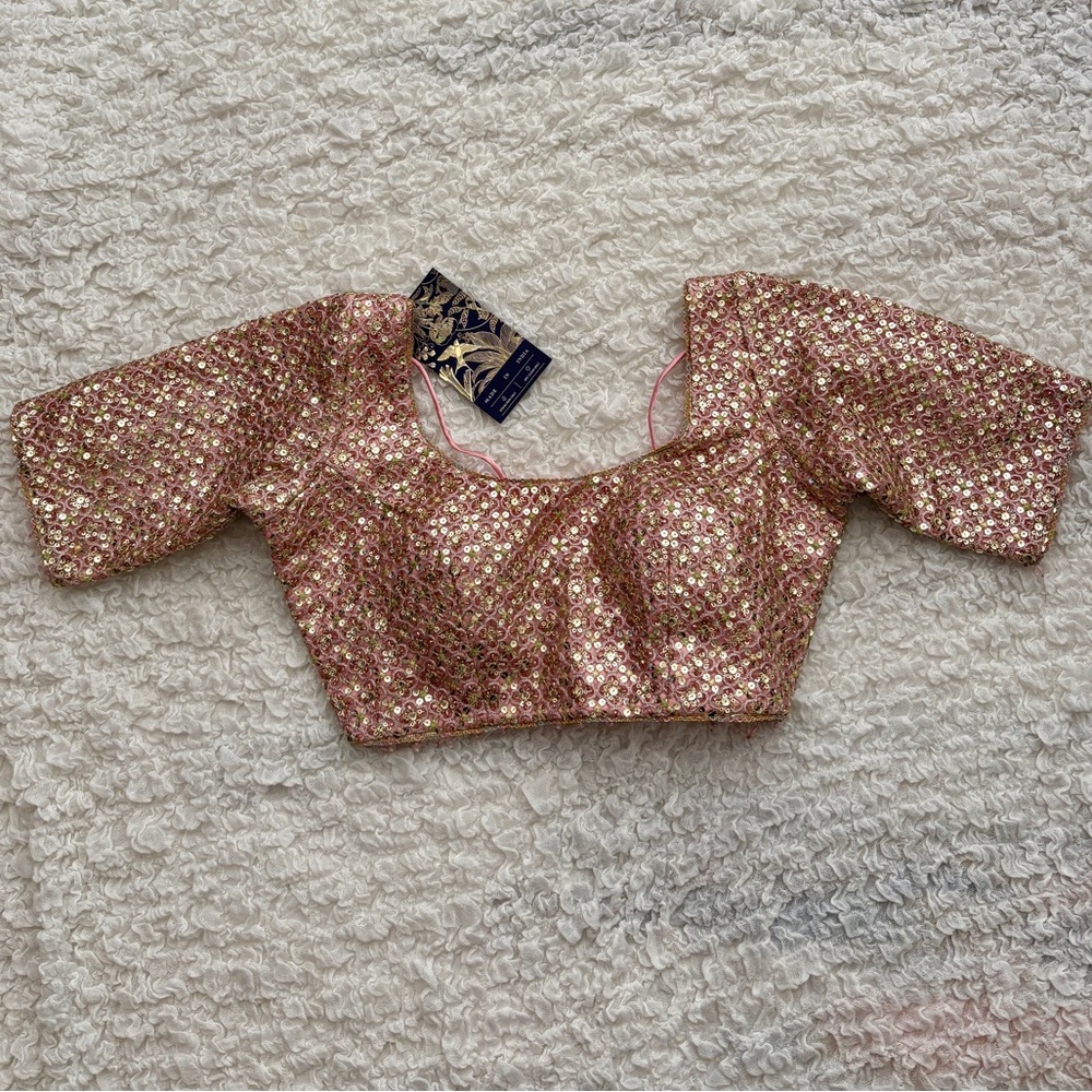 Blush Pink Floral Lehenga with Gold Embellished Blouse - Picture 4 of 16